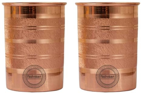 Fashnkart Bicchieri in rame puro Set di 2 bicchieri per acqua potabile Ayurvedic Health Pure Tumblers Tazze in rame 10,14 Oz 300 Ml (Silver Touch)