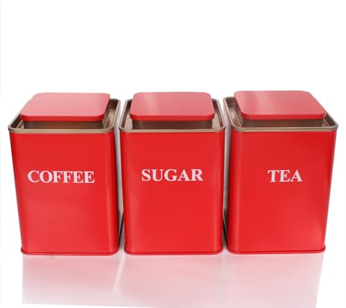 Pykrudo 1300ml Tea Coffee Sugar Canisters, 3 Piece of Red Metal Square Food Storage Tin with Lids, Dry Food Storage Containers for Tea Coffee & Sugar
