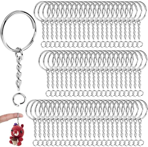Kezidhp 80 Pièces Porte-Clés en Acier Inoxydable 25mm avec Chaînes - Kit de Fabrication de Bijoux DIY pour Collier, Bracelet, Bricolage - Argenté Antirouille