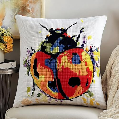XDEGHUANGSS Latch Hook KIT Complete 43x43 cm Knotting Cushion,Animal Ladybug,Home Made Latch Hook Small Cushion Completed Kit,Cross-Stitch Pillow Ergonomic Crochet Kits