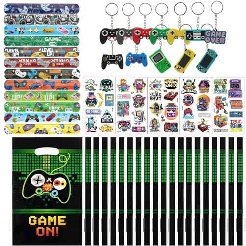 39 Pièces Jeu Vidéo Fournitures de Fête, Cadeau jeux anniversaire porte-clés bracelet tatouage lumineux sac de bonbons,Thème gamer,Accessoires de fête pour
