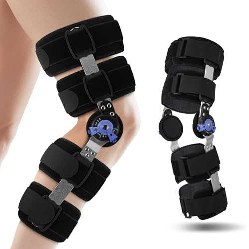 Hinged Knee Brace ROM Post Op Knee Immobilizer Adjustable with Side Leg Stabilizers Orthosis, Stable Adjustable Knee Fixation for at least 63in Height