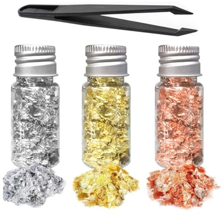 mkemka 4 Flaschen Blattgold für Torten Inklusive Pinzette essbare Kuchendekoration Blattgoldflocken Blattgoldflocken Blattgold zum Backen für Vergoldung Küche Mousse Torten Malerei Schokolade