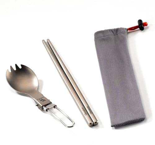 Qunature Cubiertos de Titanio 2 en 1, Spork Ultraligero Plegable con Bolsa, Set de Cuchara Tenedor Reutilizable para Camping, Senderismo, Picnic y Pesca
