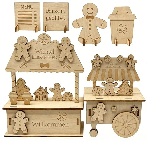 Oizemori Miniatur Verkaufsstand Weihnachtsmarkt Stand mit Lebkuchen Motiv – Vielseitiger Holz Marktstand für Miniatur Weihnachtsdorf – Festliche Winterdeko & Sammlerstück für Eiswagen aus Holz