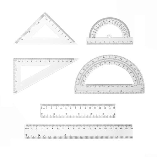 babominimer Juego de 6 piezas de reglas de plástico transparente y transportador de geometría con reglas triangulares de 45° y 60°, medición angular de doble cara, marcas de pulgadas y centímetros