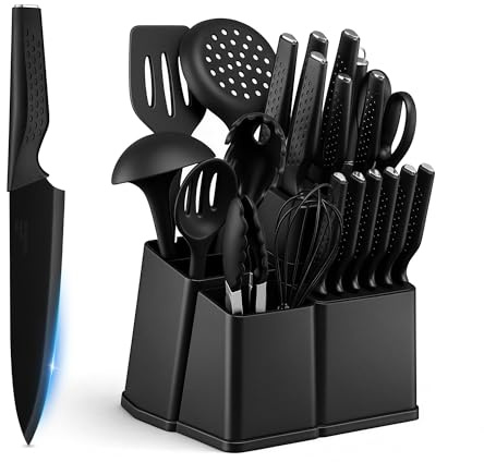 Onader 22-TLG Edelstahl Messerblock mit Messer und Silikon Küchenhelfer Set | Scharfe Messerset Küchenmesser mit Block und Wetzstahl, Profi Kochmesser mit Küchenutensilien für Kochen, Leicht zu Reinigen