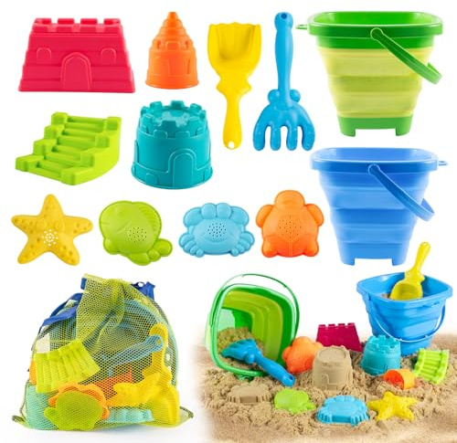 Aimlovs Collapsible Beach Toys Set for Kids,Sand Bucket Shovel, Rake, Mesh Bag 4 Molds & Castle Building Set for Beach Travel,Sandbox Toys, Foldable Beach Essentials for Toddlers 3-10(Blue&Green)