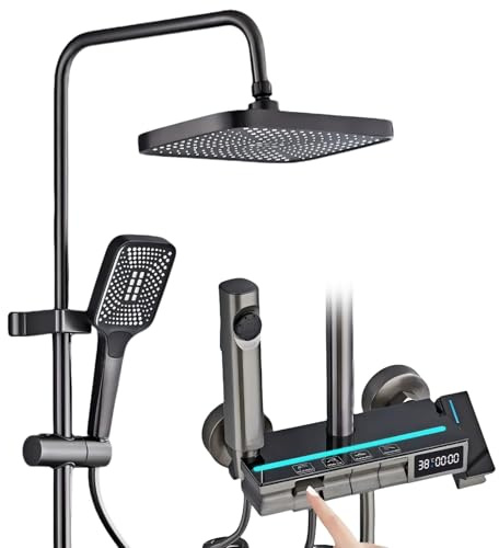 Duscharmatur Komplettset, Duschsystem mit 30x20cm Regenbrause, Handbrause, Verstecktem Wannenauslauf, Duscharmatur Regendusche mit Thermostat & LED-Anzeige Höhenverstellbar 75-110cm
