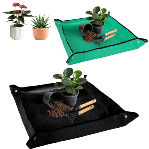 AOOWU Faltbare Pflanzen-Umtopfmatte, 2pc Pflanze Umtopfmatte Wasserdicht, Tragbare Gartenmatte, Umpflanzmatte Indoor, Pflanzunterlage für den Umtopf, Sukkulenten, Sämling, Schwarz+Grün