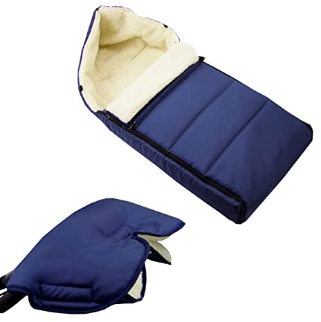 BAMBINIWELT kombinationserbjudande muff + vinterväska 90 cm – gjord av lammull för barnvagn, buggy, radansläpvagn – ull – linjerad (marin)