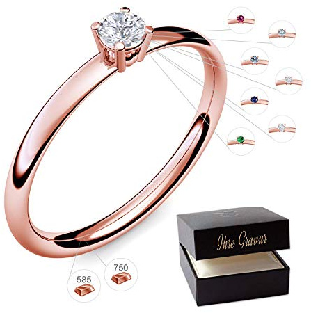 Verlobungsring Rotgold 585 750 PERSONALISIERT + ETUI mit individueller GRAVUR Damen-Ring Heiratsantrag Diamant-Ring Zirkonia Aquamarin Rubin Smaragd Saphir Brillant Blautopas Edelstein.