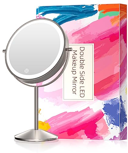 Wiederaufladbarer Kosmetikspiegel mit Beleuchtung, Doppelseitiger Schminkspiegel mit 1X/10X Vergrößerung, 3 Farben Beleuchtung, Dimmbarer und Touchschalter, 360°Drehung, USB Aufladen Makeup Spiegel