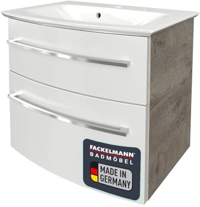 FACKELMANN B.Style Badmöbel Set 2 Teile/Gussmarmor Waschbecken/Waschbeckenunterschrank mit 2 Schubladen/hochwertiger Badschrank mit Soft-Close/Korpus: Grau/Front: Weiß/Breite: 63 cm