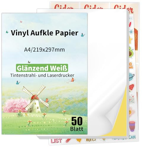 Etiketten Selbstklebend 50 Blatt Sticker Papier zum Bedrucken Selbst Drucken A4 Bedruckbare Klebefolie Glänzend Druckerpapier Bedruckbar Klebeetiketten für Laser- Und Tintenstrahldrucker