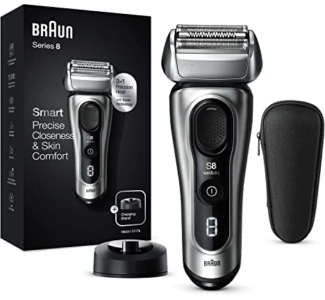 Braun Series 8 Electric Shaver with 3+1 Head, Electric Razor for Men with Precision Trimmer, Charging Stand & Travel Case, Sonic Technology, UK 2 Pin Plug, 8417s, Silver Razor