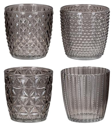 4er Set Windlicht H7,5cm Glas Grau Teelichthalter Tischdeko Kerzen Retro Deko Kerze Transparent Kerzenhalter Tischdeko Deko