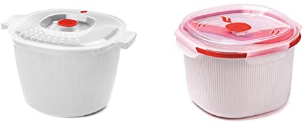 Snips Pastakocher 4 | 26,5 x 22 x 16 & | Reis- und Getreidekocher für die Mikrowelle | 2,70 l | Reiskocher für Mikrowelle Weiß und Rot | Hergestellt in Italien