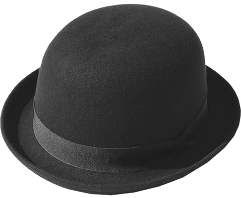 Wollfilz-Derby-Hut für Damen und Herren, gerollte Krempe, Kirche, Bowler-Hüte, lustiger Fedora-Hut, Halloween-Requisite, Größe S/M, Schwarzes Satinband, Medium