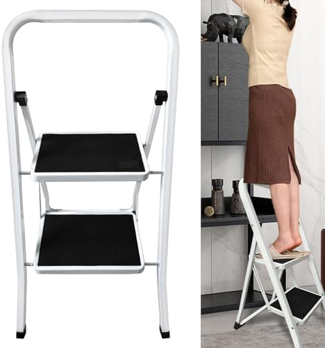 2 Step Stool for Adults Foldable Kitchen Small Stepladder with Anti-Slip Feet & Pedal, Lightweight Folding Step Ladder 2 Step Foldable Portable Compact Steel Ladders for Home/Office, 330lbs Capacity