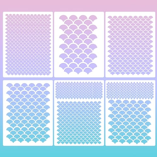 Prasacco 6 Stück Fischschuppen Schablonen, Meerjungfrau Schuppen Schablonen 20 x 15 cm Malvorlage aus Kunststoff Wiederverwendbar DIY Kunst Mal Vorlagen zum Malen auf Wänden, Körpern, Stoffen, Möbeln