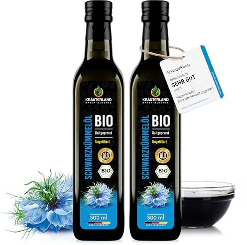 Kräuterland Bio Schwarzkümmelöl kaltgepresst ungefiltert 2x500ml (1Liter) | 100% Nigella Sativa, hoher Thymochinongehalt, ohne Konservierungsstoffe & Aromen, nativ, vegan, mühlenfrisch in glasflasche