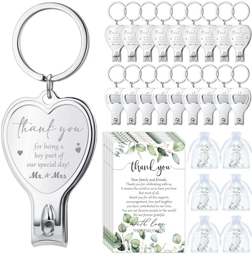 Pickmesh 100 Sets Wedding Souvenir for Guests Heart Multi Function Bottle Opener Nail Clipper with Thank You Cards White Organza Bags Wedding Party Supplies Bridal Shower Gift (Thank You)