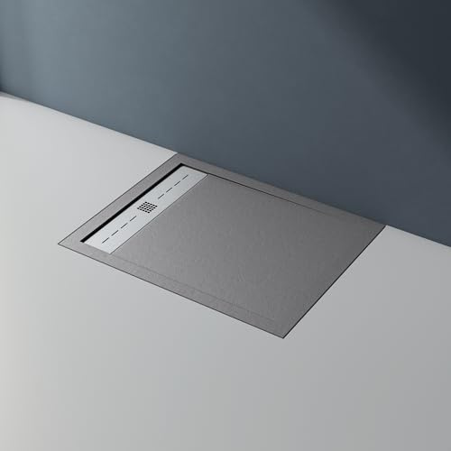doporro Duschtasse Duschwanne 80x100cm flach aus Mineralguss in Beton Grau | Flache Duschwanne für bodenebene Montage mit DIN-Anschlüssen – stabil & pflegeleicht für moderne Duschen Corvus