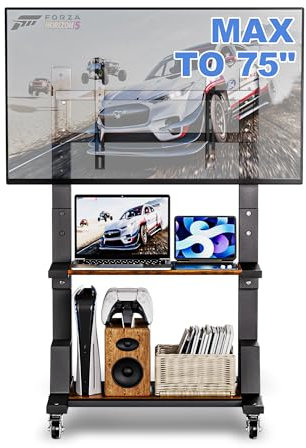 HYPIGO Outdoor TV Stand with Large Storage, Mobile TV Cart for Most 32-75 Inch TVs, Max VESA 600x400mm, Supports 150 lbs, Height Adjustable Portable TV Stand for Home, Office, Outdoor(Rustic Brown)