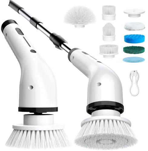 ShuxT Electric Spin Scrubber for Cleaning,Cordless Waterproof Bathroom Shower Brushes with 9 Heads,1.5H Power Dual Speed Cleaner with Extendable Handles for Bathtub Floor Kitchen Wall