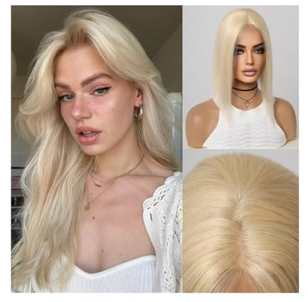Haaraufsätze für Damen Hellblondes Echthaar-Toupet, Mittelscheitel, glattes Remy-Haarteil, 10 x 12 cm, Seidenbasis, Clip-In-Toupet for Frauen mit dünner werdendem Haar Haar-Topper-Clips