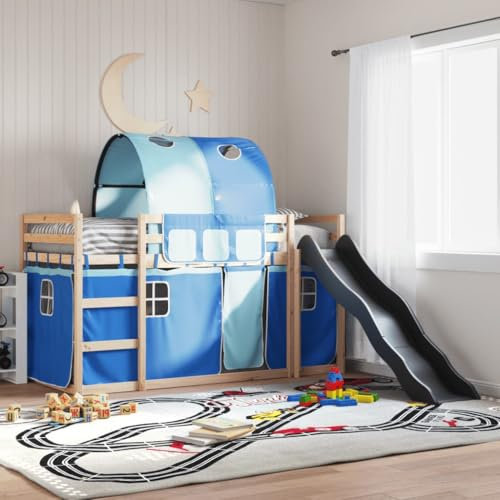 CFODOJ Beds & Accessories,Beds & Bed Frames-home-Bunk Bed without Mattress with Slide and Curtains Blue 80x200 cm