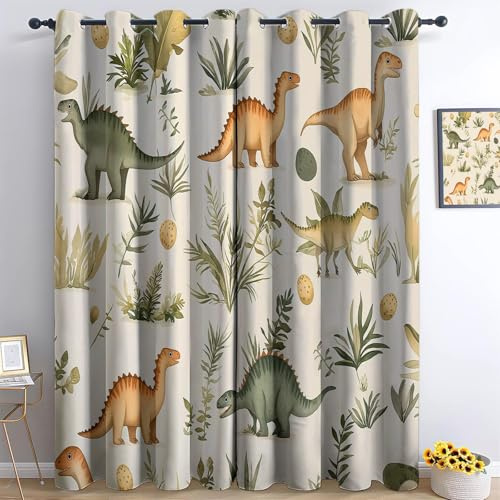 Gardinen Wohnzimmer Vorhang Hellgelb Blickdicht Verdunkelungsvorhänge 3D Druck Aquarellstil Dinosaurier Pflanzen Ösenvorhang H214 x B91.5 cm 2Er Set Kinderzimmer Schlafzimmer Ösenschal Schallschutz