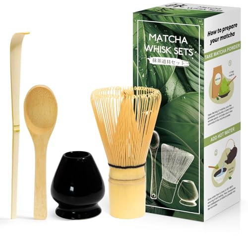Juego de 4 Piezas Matcha de Ceremonia Japonesa - Batidor de Bambú Natural, Cuchara, Pala y Portabatidor - Caja para la Ceremonia del Té - Negro Brillante