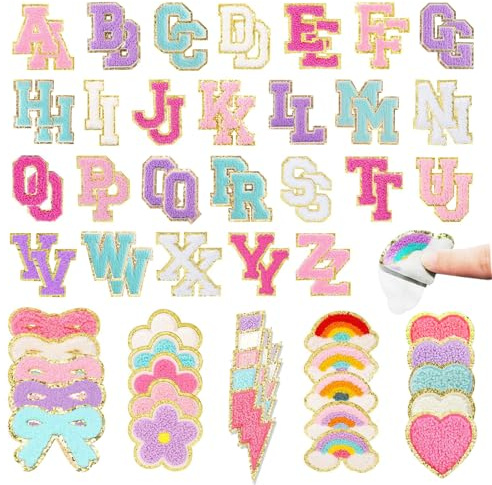 Askyorte Selbstklebende Chenille-Patches für DIY-Kleidung, Regenbogen-Herz, Blume, bestickter Aufnäher, Glitzer-Chenille-Flicken, Aufkleber für Stoff, Jacke, Rucksäcke, Reparatur, Dekoration, 77 Stück