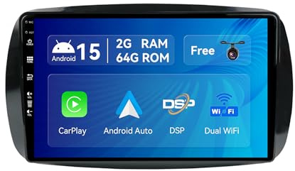 SXAUTO Android 15 [2G+64G] Autoradio für Mercedes-Benz Smart 453 Fortwo (2014-2020) - Eingebaut CarPlay Android Auto - Kamera - Lenkradsteuerung/DAB/4G/Dual-Band WiFi/Bluetooth5.0/DSP - 2 Din 9 Zoll