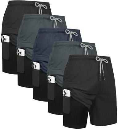 HOPLYNN 5 Pack Mens 2 in 1 Running Shorts with Liner, Quick Dry Workout Training Gym Athletic Sport Shorts with Pockets 2 Black 2 Gray 1 Blue XX-Large