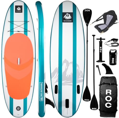 Roc Inflatable Stand Up Paddle Boards with Premium SUP Paddle Board Accessories, Wide Stable Design, Non-Slip Comfort Deck for Youth & Adults (Coral W/Kayak Seat)