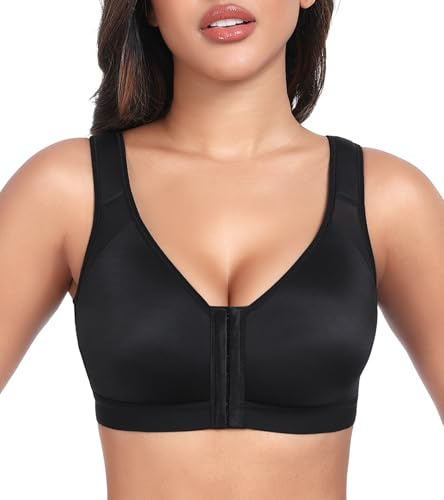 Lemorosy Damen BH Ohne Bügel Vorne Verschluss Rückenstütze Racerback Große Größen Starker Halt Vollschalen Ungepolstert Bügelloser Klassischer Bralette für Alltag Sport Postoperativer (Schwarz,90E)