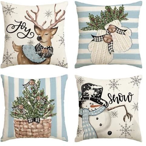Artoid Mode Blau Schneemann Rentier Handschuhe Weihnachten Kissenbezüge 4er Set, 40x40 cm Zierkissenbezug Cushion Cover Couch Wohnzimmer Deko