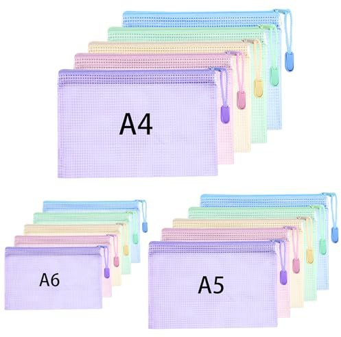 15 Stück Dokumententasche A4+A5+A6, Reißverschlusstasche Dokumentenmappe | Wasserdichte Dokumententaschen mit Reißverschluss für Datei Prüfungsunterlagen Bücher Quittungen (5 Farben)
