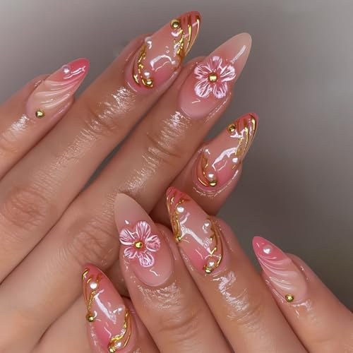 Viugex 24 Pièces Faux Ongles Moyenne Amande, 3D Fait Main Roses Ongle à Coller avec Fleurs Design, Pailletés Dorée Perle French Press on Nails, Acryliques Artificiel Capsules Ongles pour Femmes Filles