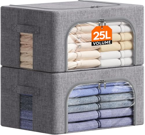 Lifewit Aufbewahrungsbox 25L, Kleidung Aufbewahrung, 2er Set, Hellgrau | Faltbare Kleideraufbewahrung mit Metallrahmen, Stoffbox mit Griffen & Fenster, Aufbewahrung Kleiderschrank mit Deckel