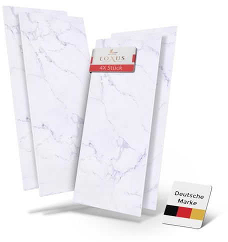 LoXus-Marble Look wall Panels-120 x 60 cm -PVC Wall Cladding for Kitchen Back and Shower Panels (Carrara White, 4 x Pcs)