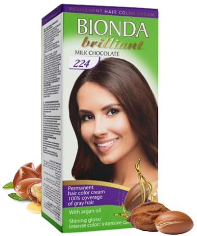 Bionda Brilliant Permanent Hair Colour & Colouration 224 Milk Chocolate 100 ml - 100% Grey Hair Coverage, with Argan Oil, Nourishing Oil Formula, Intense Colour Shine, Roots & Full Lengths