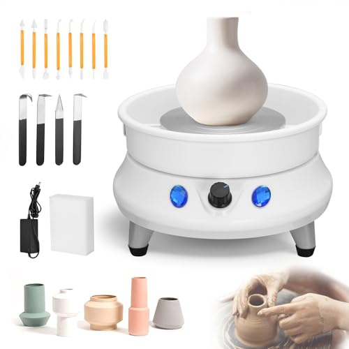 Elektrisch Töpferscheibe,15CM Töpferscheibe mit Einstellbarer Geschwindigkeit von 0–200U/min, Töpferscheibe Maschine mit Abnehmbarem Wasserbecken & 11 Zubehörteilen für DIY-Töpferkurse
