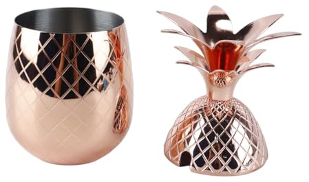 ANCLLO Gobelet à cocktail ananas or rose, 500 ml, en acier inoxydable, idéal pour une fête hawaïenne, un anniversaire ou une soirée sur la plage.（Straw not included）