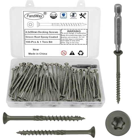 FandWay Pack of 100 Wood Screws Torx 4.2 x 50 mm Chipboard Screws Green Epoxy Countersunk Screws Roof Construction Screws Patio Screws Universal Screws with T25 Torx Drive