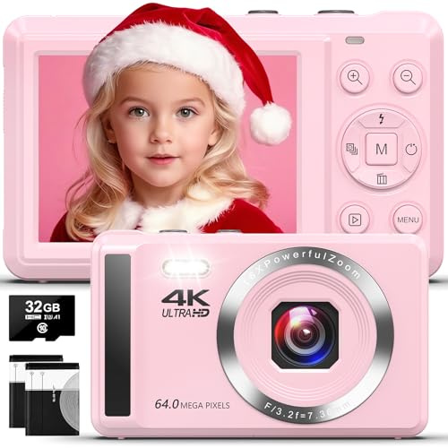 Digitalkamera 4K 64 MP mit Autofokus | Tragbare Kompaktkamera mit 32 GB TF-Karte, 1200mAh Batterie und USB-Kabel | Ideal für Kinder, Teenager und Anfänger