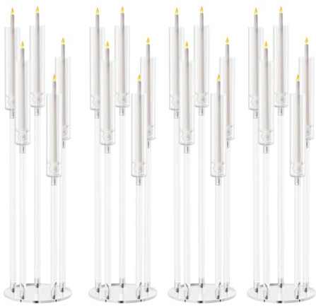 4-teilige Kandelaber-Mittelstücke, hohe LED-Kerzenleuchter, durchsichtiger Kerzenständer, 5-Armiger Kerzenständer mit Acrylschirm für Hochzeitsessen (klar)